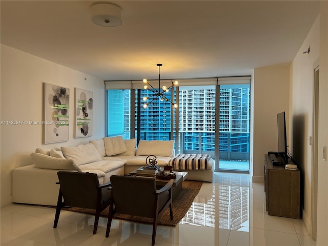 living room featuring floor to ceiling windows, a notable chandelier, and light tile floors