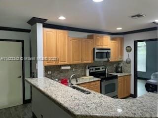 kitchen with stainless steel appliances, light stone counters, tasteful backsplash, and sink