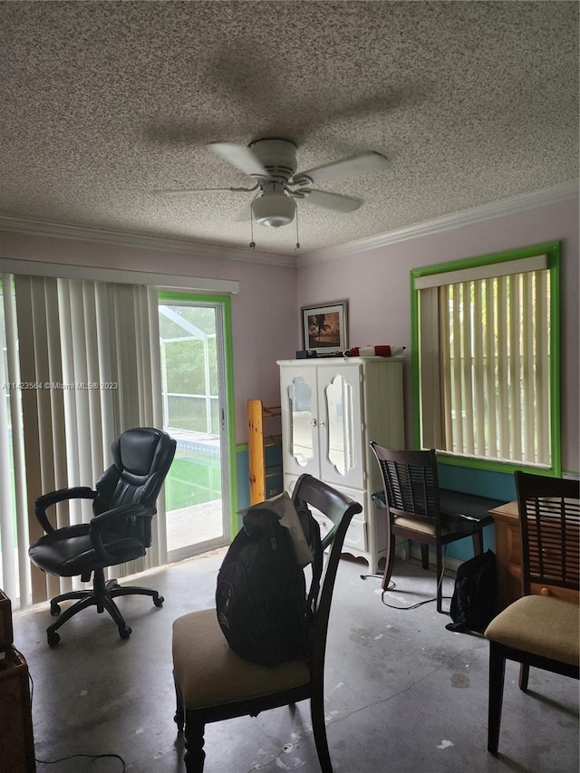 home office with ornamental molding, concrete flooring, a textured ceiling, and ceiling fan