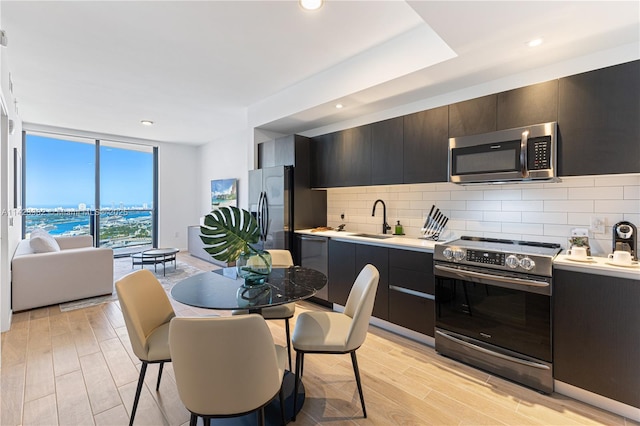 kitchen featuring sink, light wood-type flooring, appliances with stainless steel finishes, expansive windows, and decorative backsplash