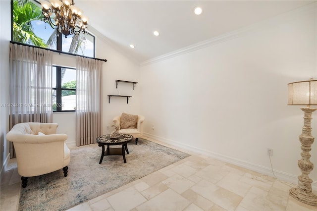 living area featuring high vaulted ceiling, ornamental molding, light tile patterned floors, and an inviting chandelier