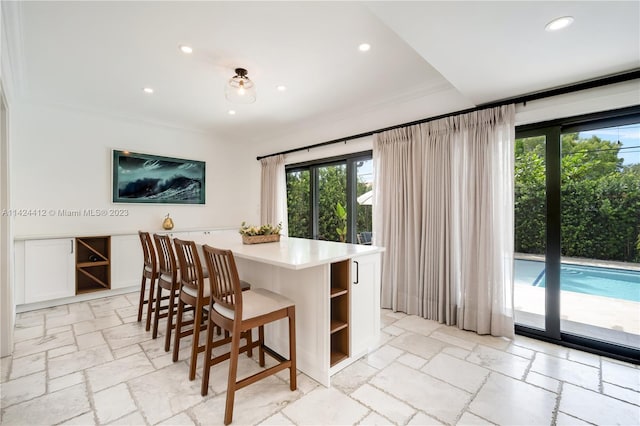 interior space with light tile patterned floors, plenty of natural light, and crown molding