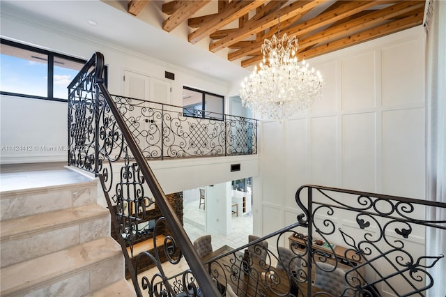 stairs featuring beamed ceiling, an inviting chandelier, and tile patterned flooring