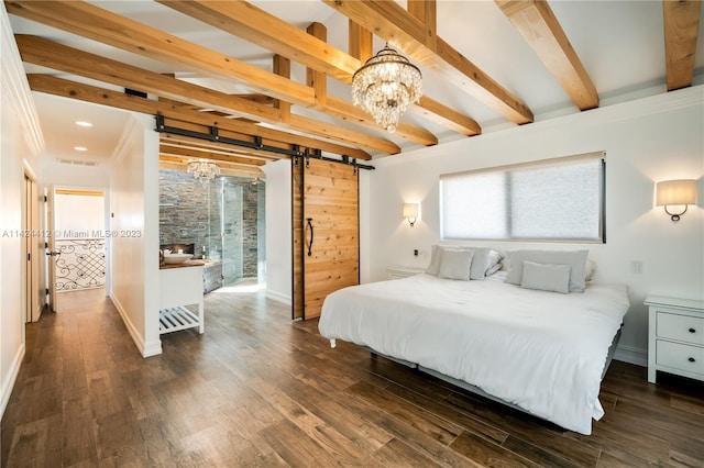 bedroom featuring a barn door, dark wood-type flooring, beamed ceiling, and ornamental molding