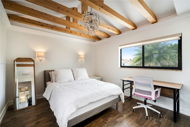 bedroom with a notable chandelier, beam ceiling, and dark hardwood / wood-style floors