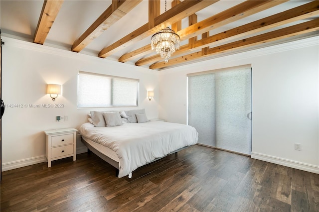 bedroom featuring beamed ceiling, dark hardwood / wood-style floors, and an inviting chandelier