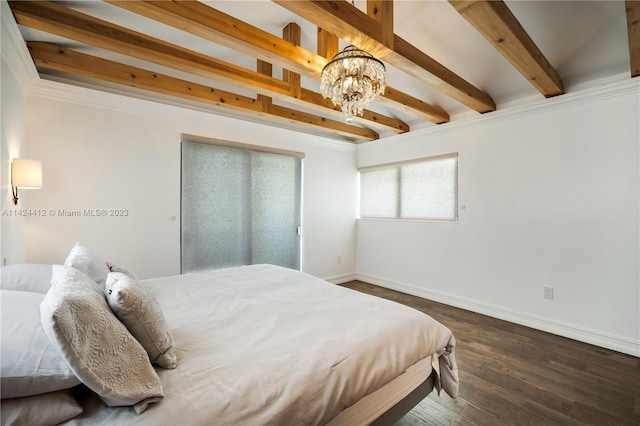 bedroom featuring beamed ceiling, ornamental molding, wood-type flooring, and a chandelier