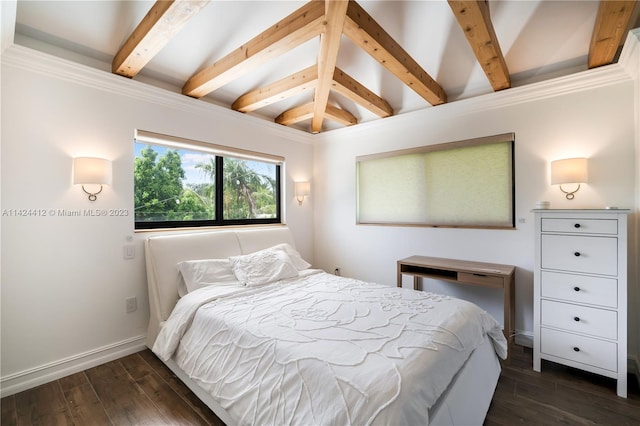 bedroom with crown molding, dark hardwood / wood-style floors, and vaulted ceiling with beams