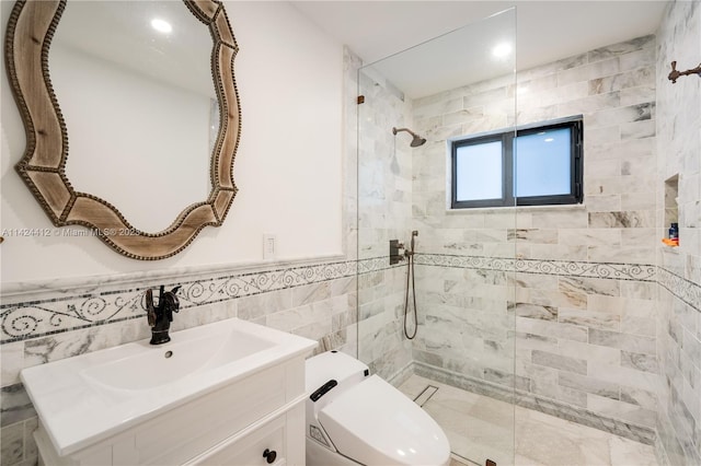 bathroom with a tile shower, toilet, tile walls, backsplash, and vanity