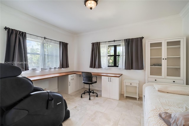 tiled office with ornamental molding and built in desk