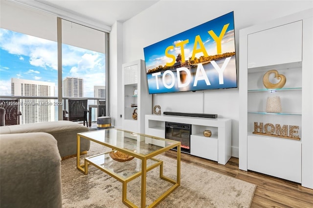 living room featuring floor to ceiling windows, light hardwood / wood-style floors, and built in shelves