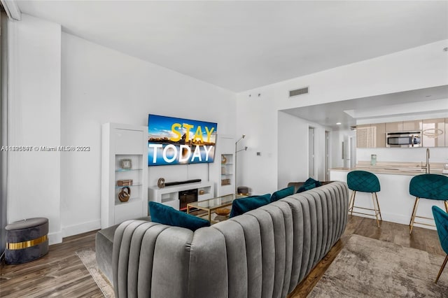 living room featuring sink and hardwood / wood-style flooring