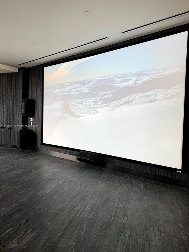 home theater room featuring dark hardwood / wood-style flooring