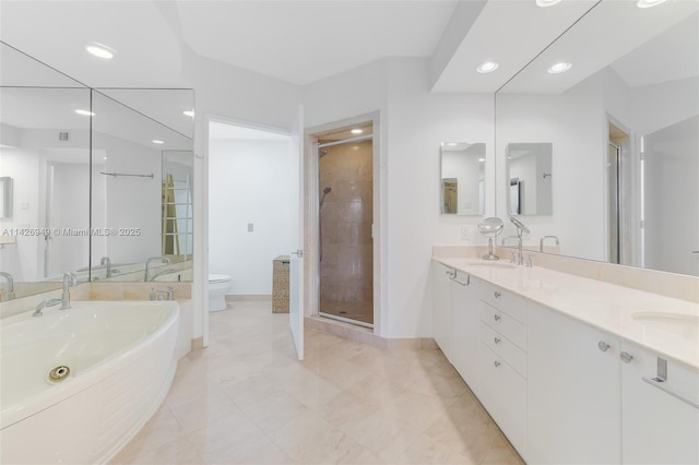 bathroom featuring toilet, double vanity, recessed lighting, a stall shower, and a sink