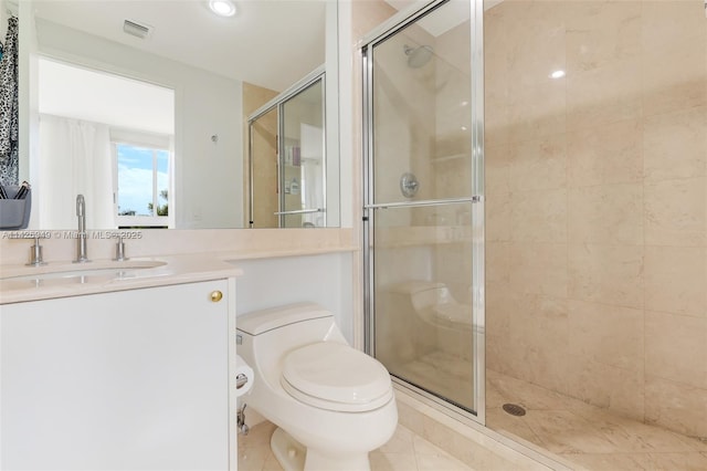 full bathroom featuring visible vents, a shower stall, toilet, tile patterned floors, and vanity