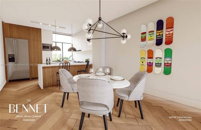 dining area with an inviting chandelier and light parquet floors