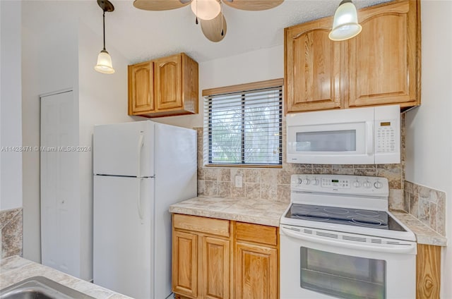 kitchen with backsplash, ceiling fan, white appliances, and pendant lighting