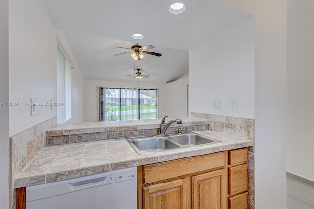 kitchen with sink, ceiling fan, and white dishwasher