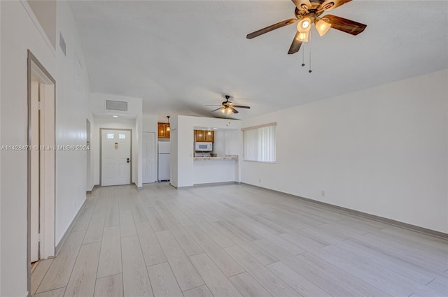 unfurnished living room with light hardwood / wood-style floors and ceiling fan