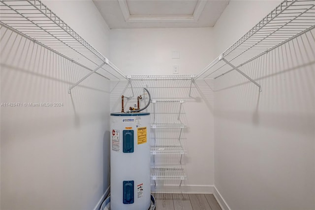 walk in closet with a tray ceiling, hardwood / wood-style flooring, and water heater