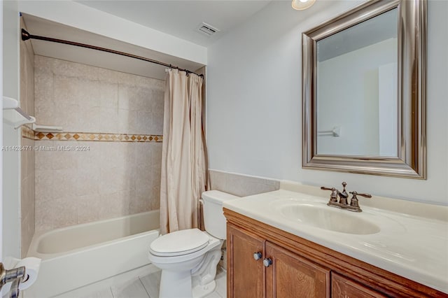 full bathroom featuring shower / bath combination with curtain, vanity, toilet, and tile floors