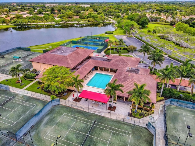 aerial view featuring a water view