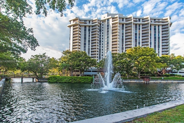 exterior space with a water view