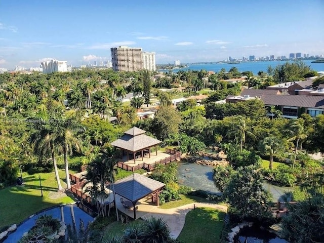 drone / aerial view with a water view and a city view