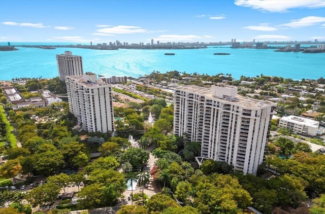 birds eye view of property with a water view and a view of city