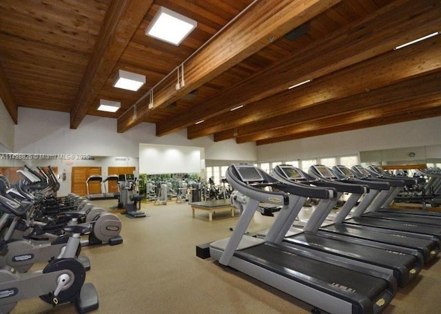 workout area with wooden ceiling