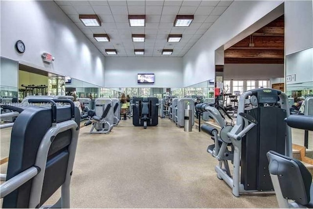 workout area featuring a high ceiling and a paneled ceiling