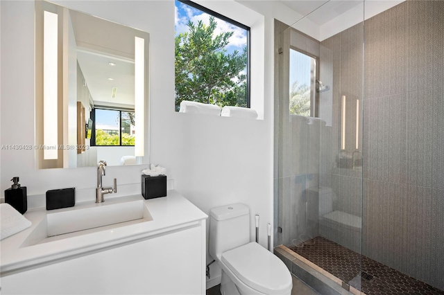 bathroom with vanity, toilet, and a shower with shower door