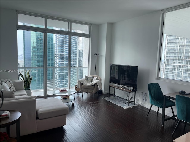 living room with a healthy amount of sunlight, expansive windows, and dark hardwood / wood-style flooring