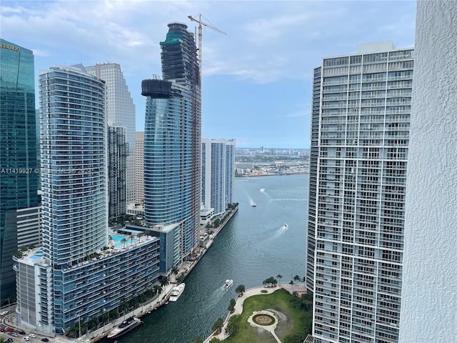 view of city with a water view