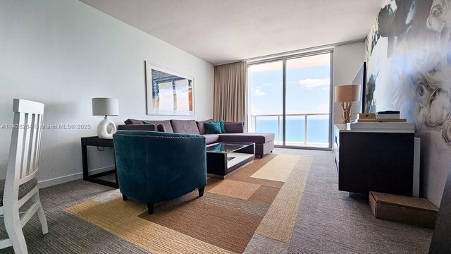 carpeted living room featuring a wall of windows