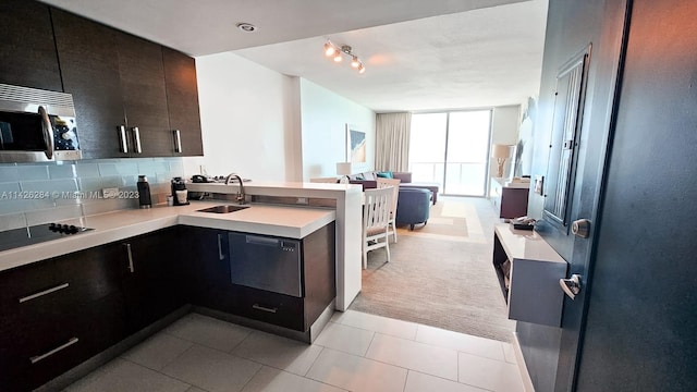 kitchen with sink, dark brown cabinets, backsplash, track lighting, and black electric stovetop