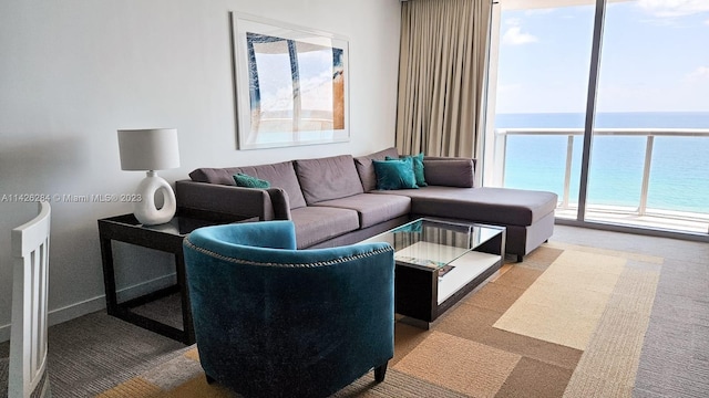 carpeted living room featuring a water view