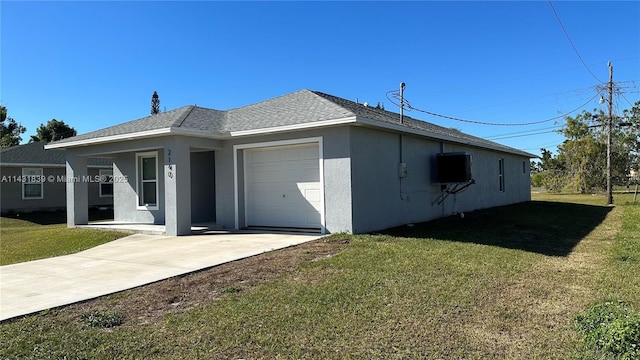 view of home's exterior featuring a garage, a lawn, concrete driveway, and stucco siding