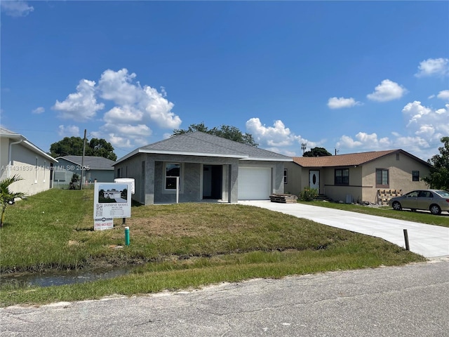 ranch-style house featuring a front yard, roof with shingles, driveway, stucco siding, and a garage