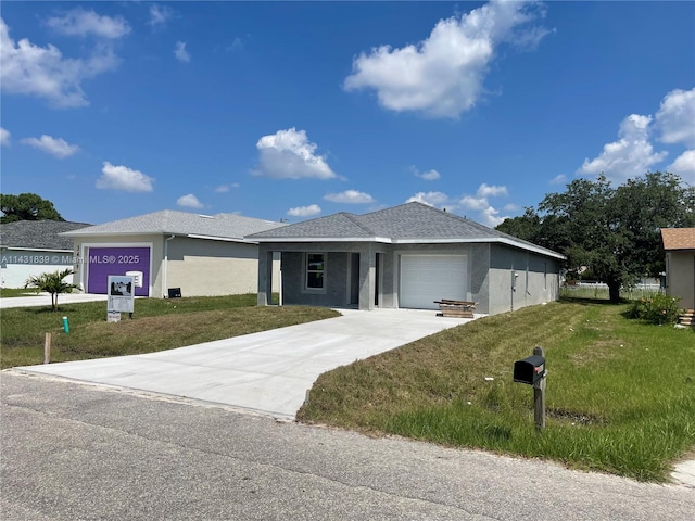 view of front facade featuring concrete driveway, an attached garage, and a front lawn