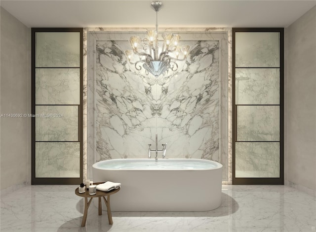 bathroom featuring tile walls, tile floors, a notable chandelier, and a washtub