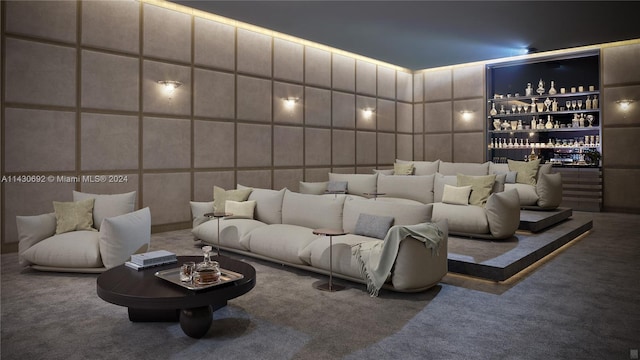 home theater featuring carpet flooring and bar