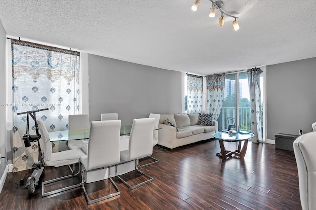 dining space featuring a textured ceiling, dark hardwood / wood-style floors, and a wealth of natural light