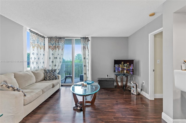 living room featuring expansive windows, a textured ceiling, and dark hardwood / wood-style flooring