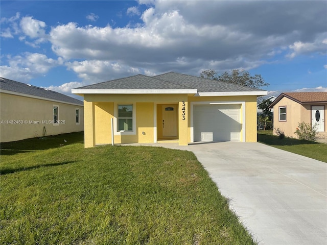 view of front of home with a front lawn, concrete driveway, roof with shingles, stucco siding, and an attached garage