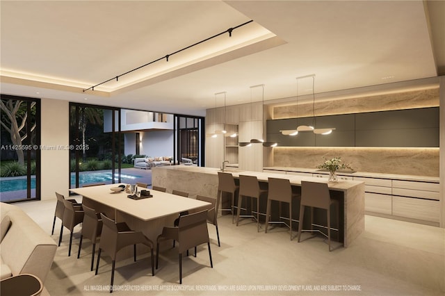 dining room with floor to ceiling windows and light carpet