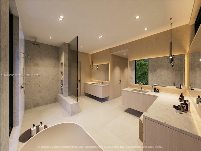full bath with recessed lighting, walk in shower, two vanities, and a sink
