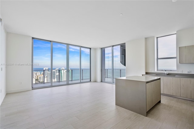 kitchen with a water view, light hardwood / wood-style floors, a kitchen island, and a wealth of natural light