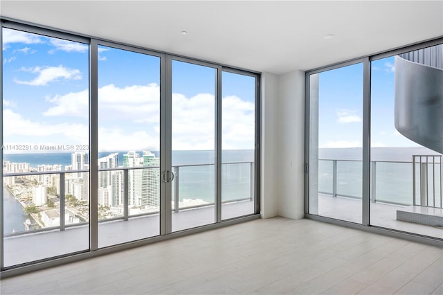 spare room featuring plenty of natural light, a wall of windows, light hardwood / wood-style flooring, and a water view