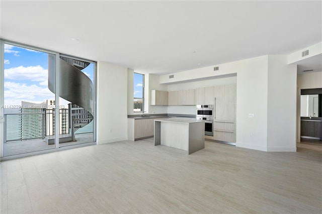 kitchen featuring a center island, light wood-type flooring, and a wealth of natural light